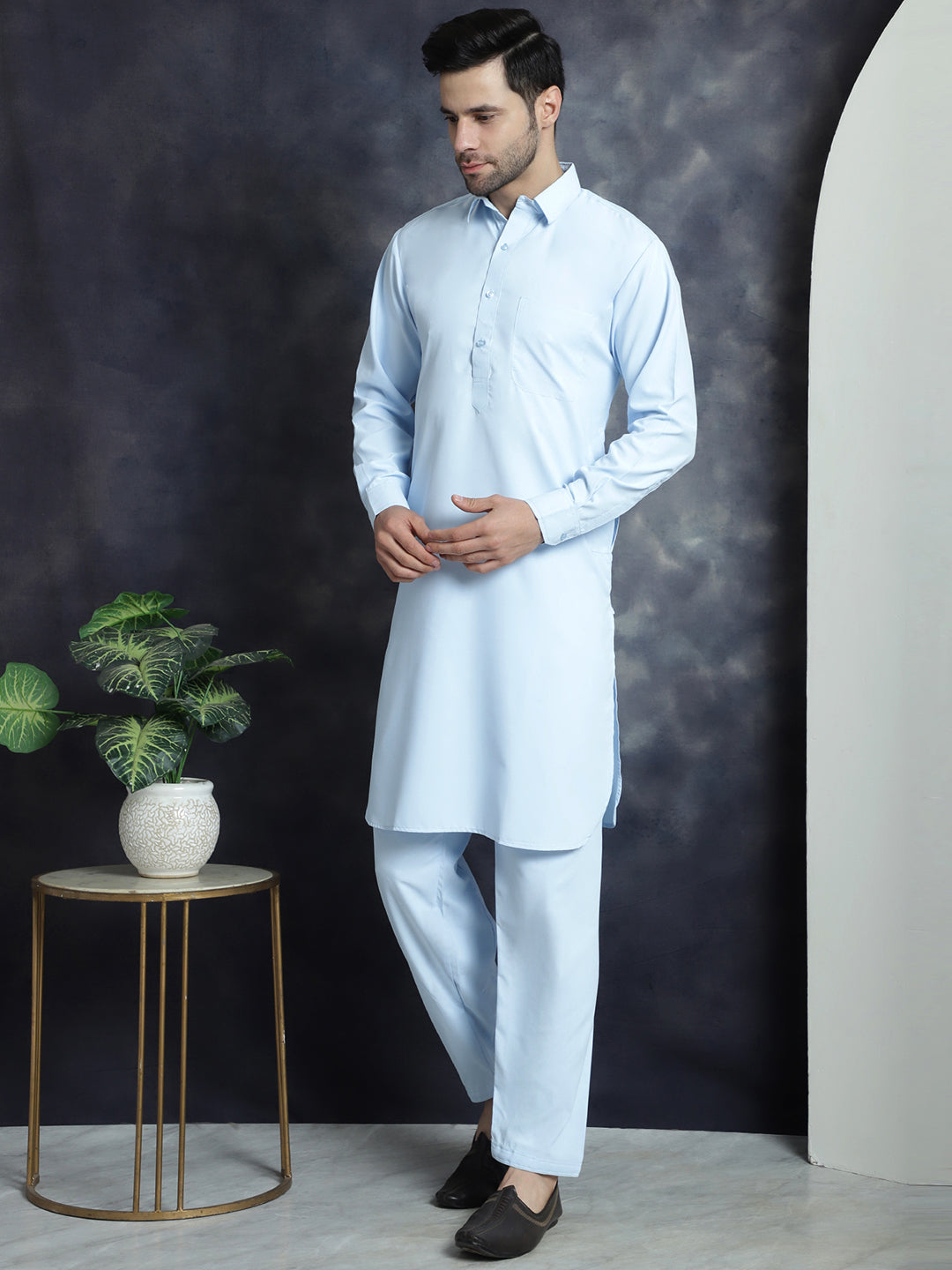 Jompers Men's Solid Pathani Kurta with Salwar - Sky Blue