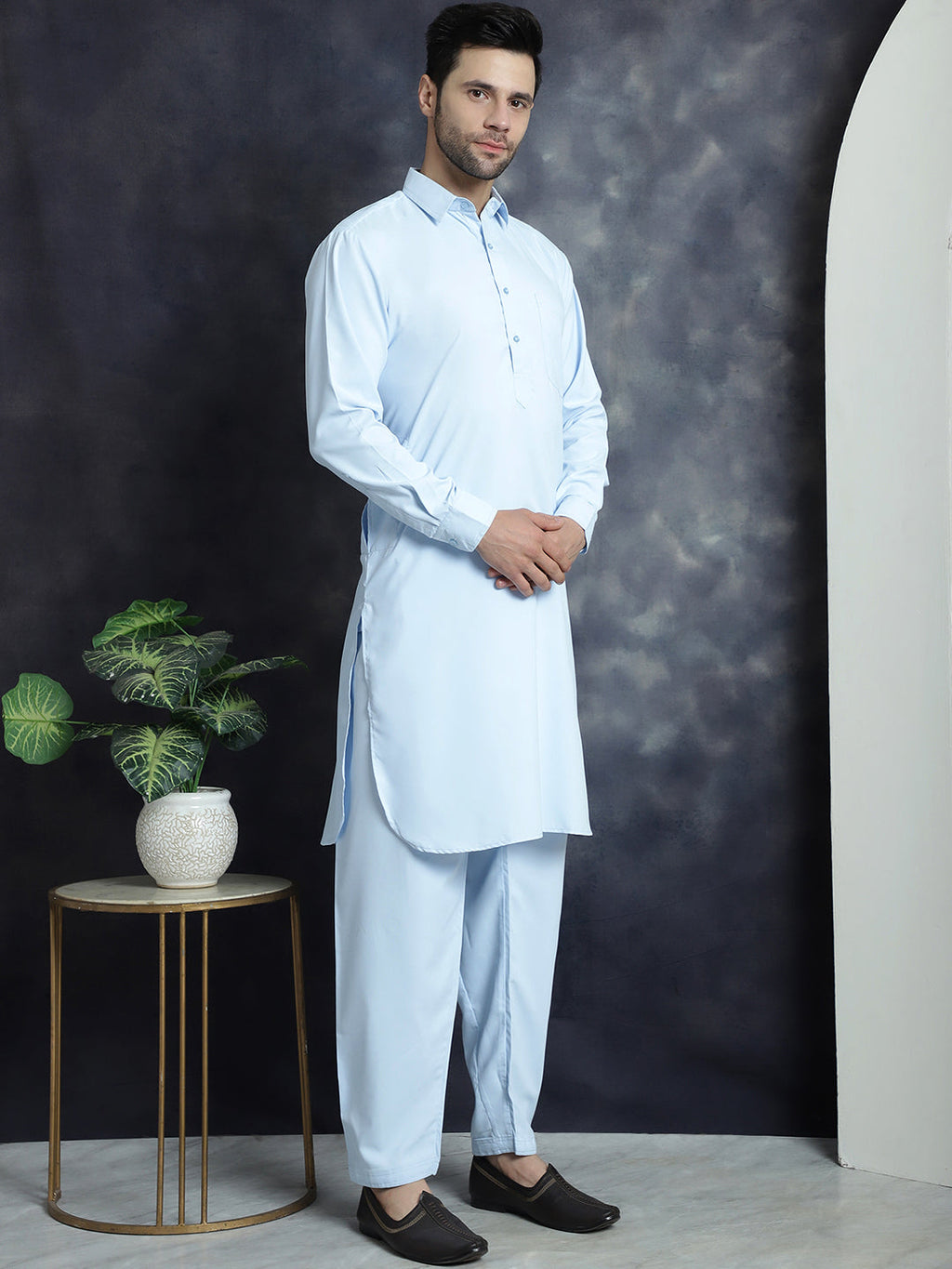 Jompers Men's Solid Pathani Kurta with Salwar - Sky Blue