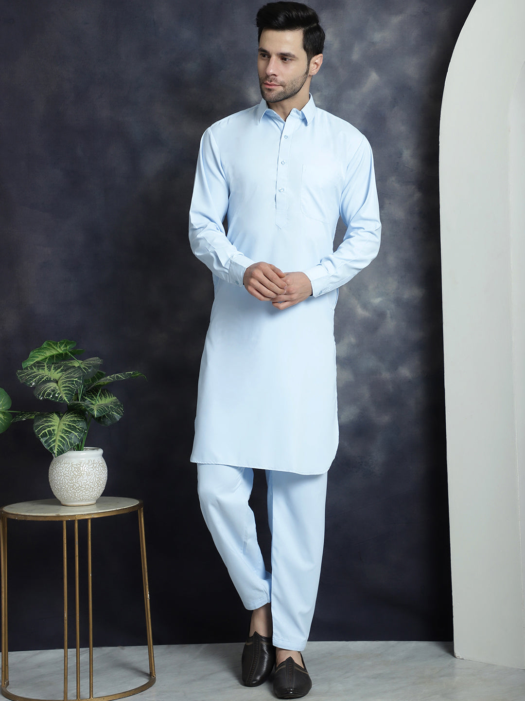 Jompers Men's Solid Pathani Kurta with Salwar - Sky Blue
