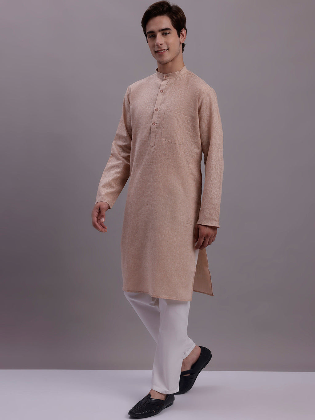 Jompers Men's Solid Pure Cotton Kurta With Pyjamas - Beige