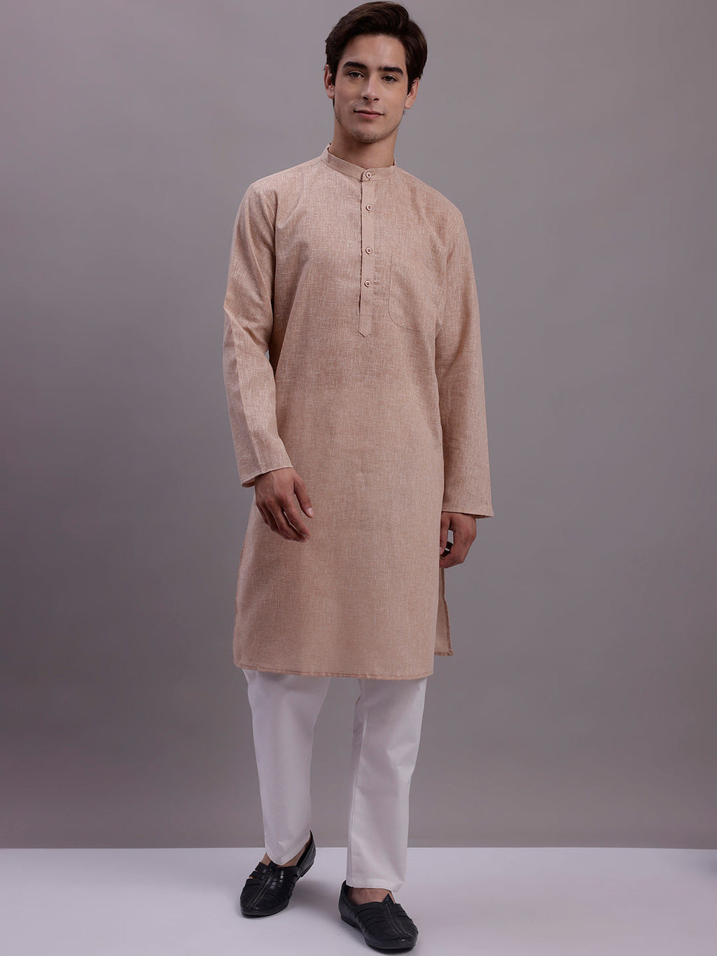 Jompers Men's Solid Pure Cotton Kurta With Pyjamas - Beige