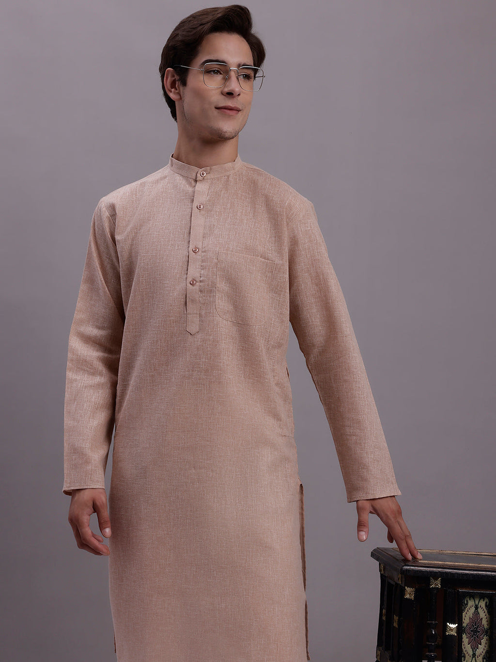 Jompers Men's Solid Pure Cotton Kurta With Pyjamas - Beige