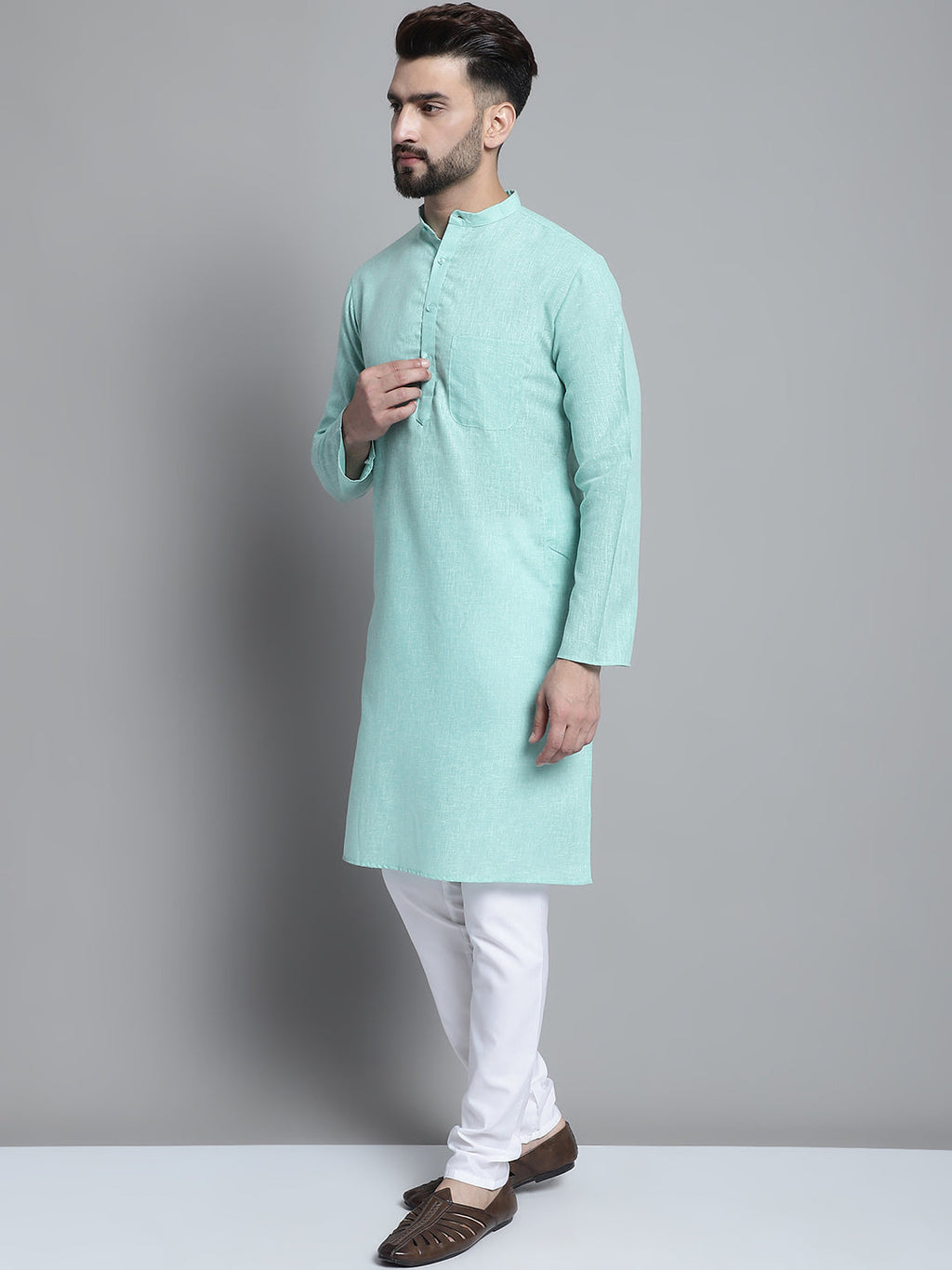 Jompers Men's Solid Pure Cotton Kurta With Pyjamas - Green