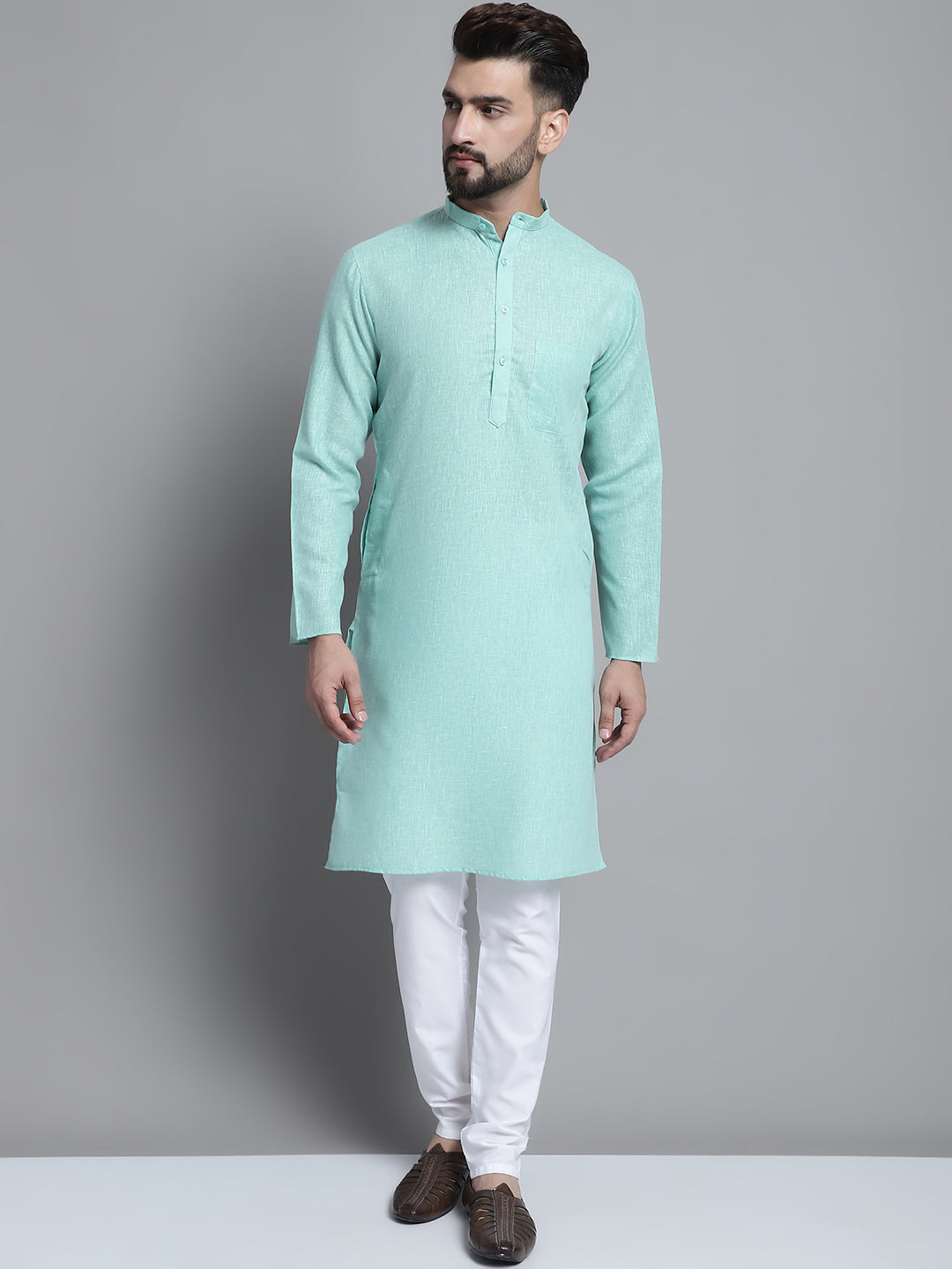 Jompers Men's Solid Pure Cotton Kurta With Pyjamas - Green