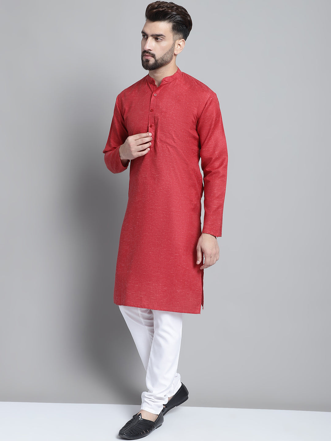 Jompers Men's Solid Pure Cotton Kurta With Pyjamas - Maroon