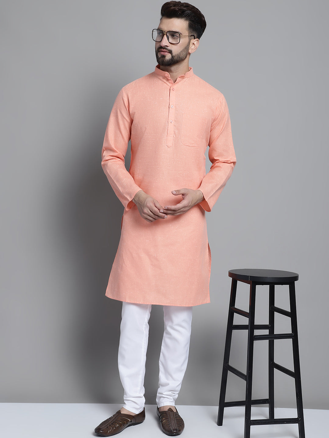 Jompers Men's Solid Pure Cotton Kurta With Pyjamas - Peach