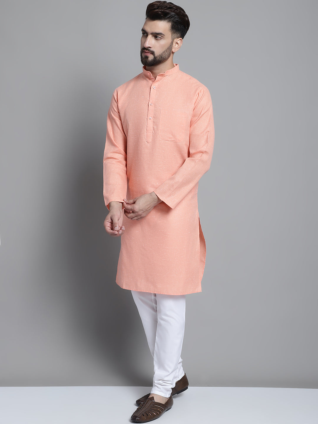 Jompers Men's Solid Pure Cotton Kurta With Pyjamas - Peach