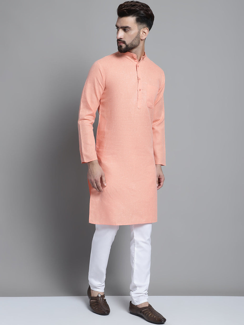 Jompers Men's Solid Pure Cotton Kurta With Pyjamas - Peach