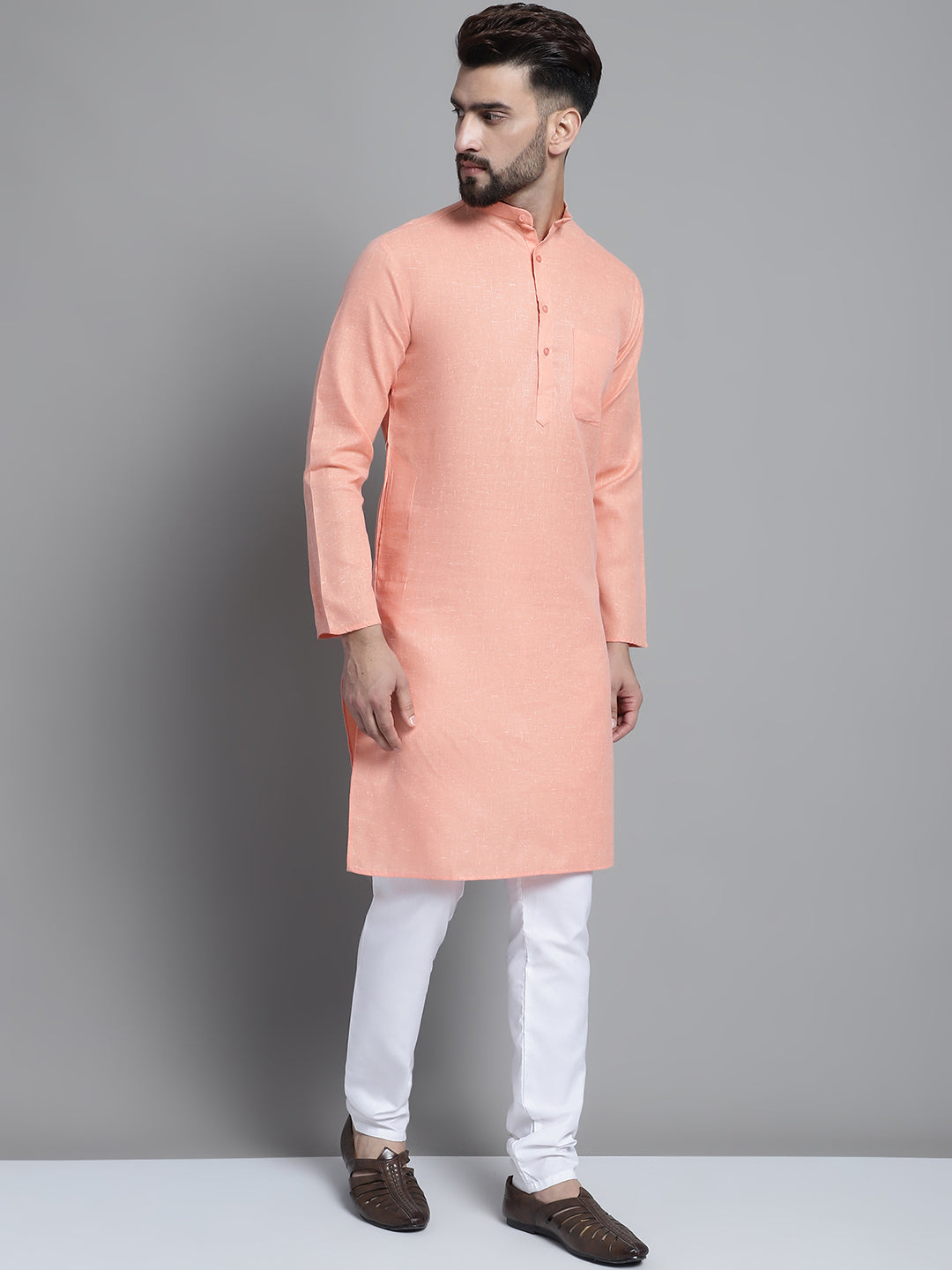 Jompers Men's Solid Pure Cotton Kurta With Pyjamas - Peach