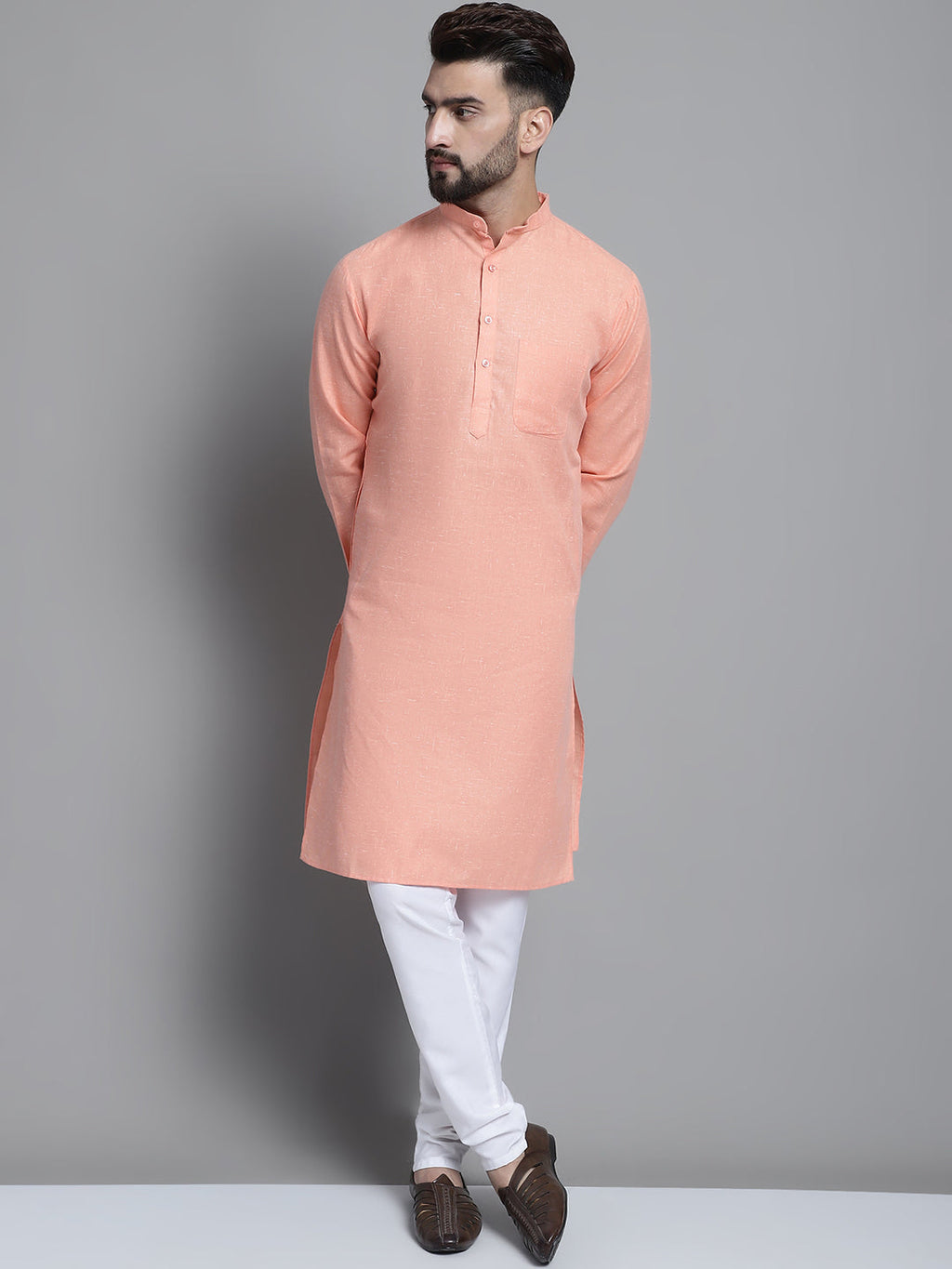 Jompers Men's Solid Pure Cotton Kurta With Pyjamas - Peach