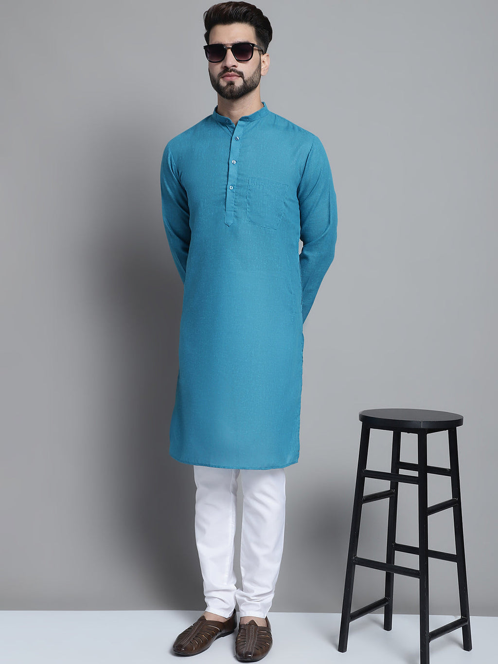 Jompers Men's Solid Pure Cotton Kurta With Pyjamas - Peacock