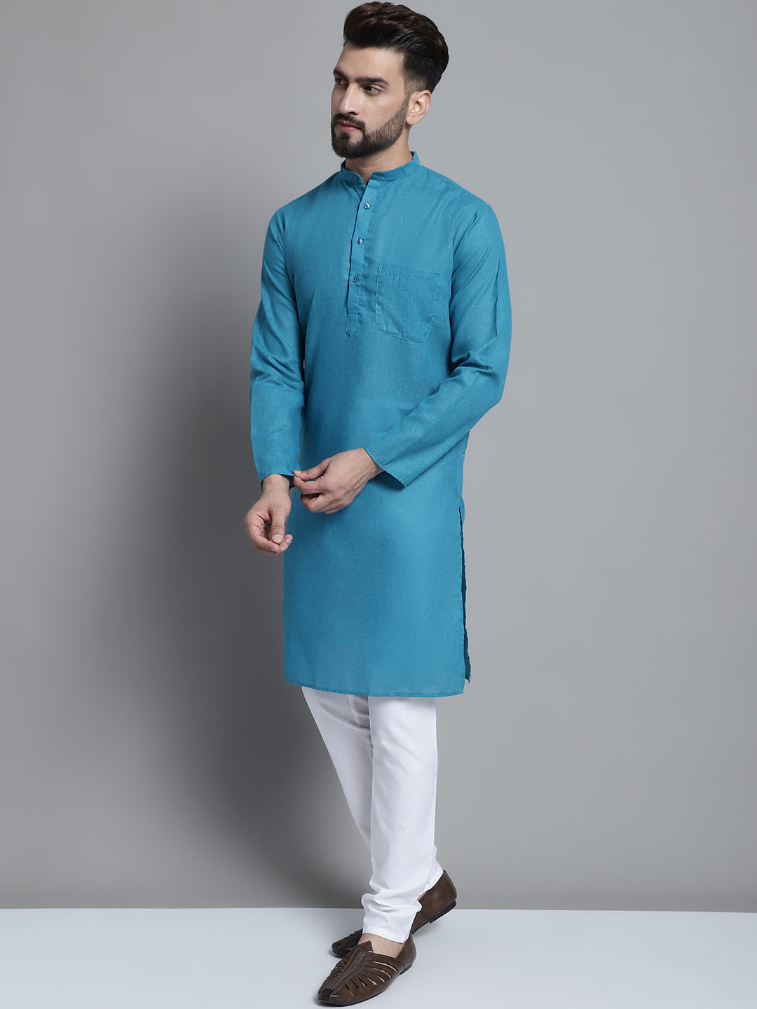 Jompers Men's Solid Pure Cotton Kurta With Pyjamas - Peacock