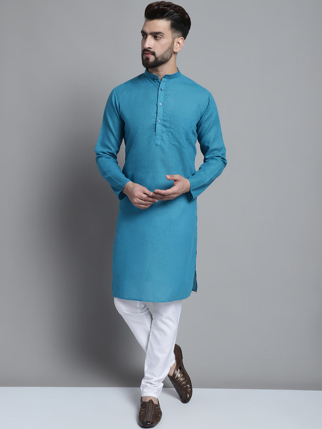 Jompers Men's Solid Pure Cotton Kurta With Pyjamas - Peacock