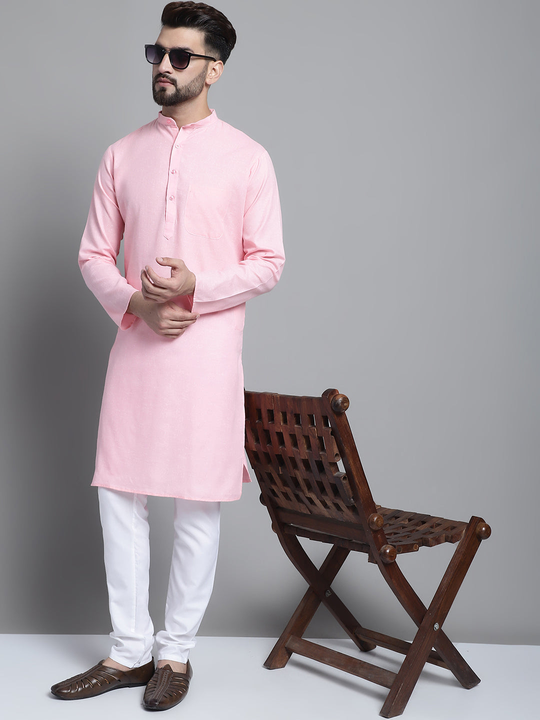 Jompers Men's Solid Pure Cotton Kurta With Pyjamas - Pink