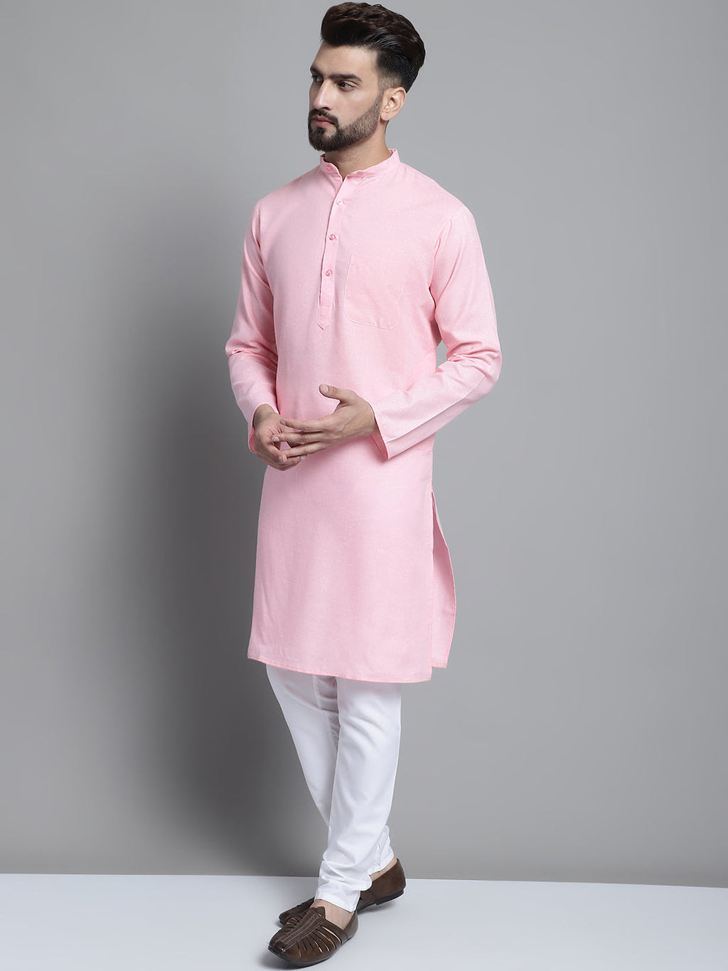 Jompers Men's Solid Pure Cotton Kurta With Pyjamas - Pink