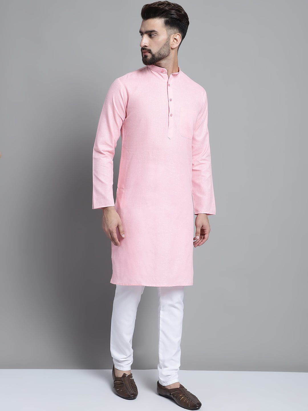 Jompers Men's Solid Pure Cotton Kurta With Pyjamas - Pink
