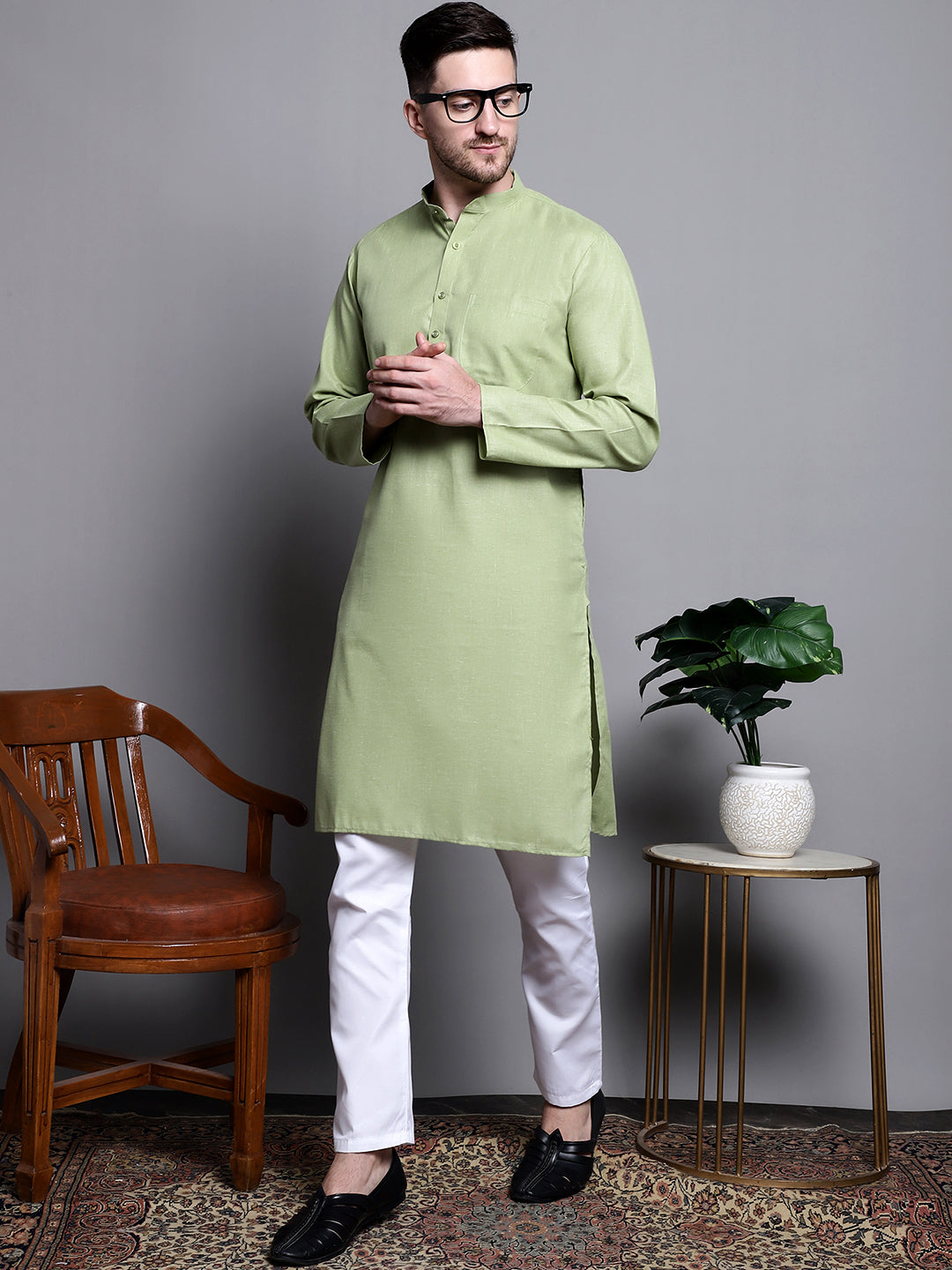 Jompers Men's Pure Cotton Kurta with Churidar - Pista