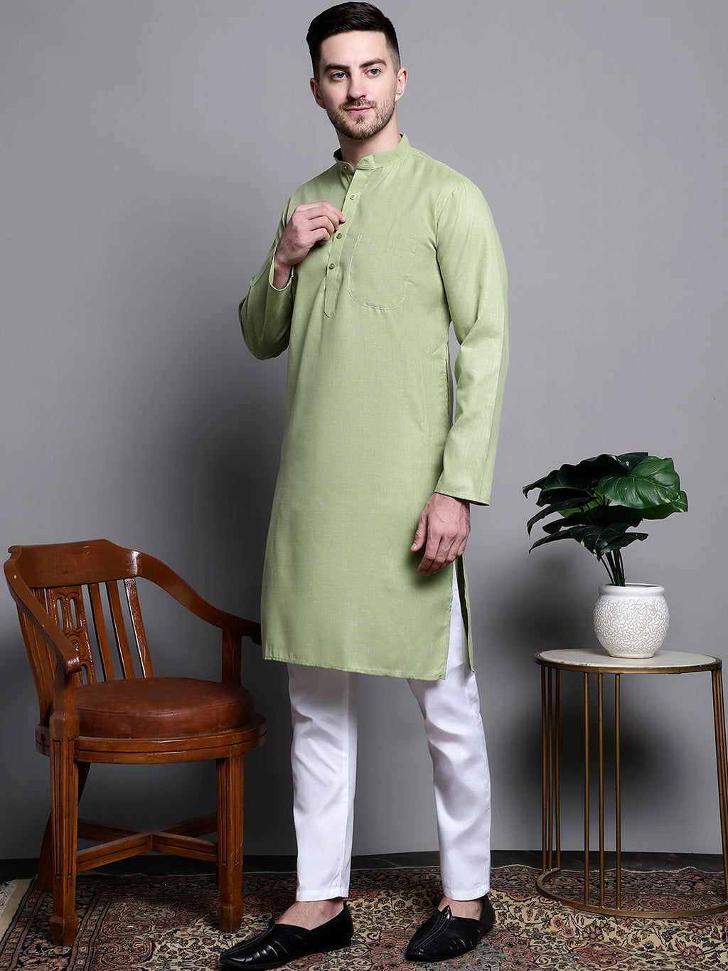Jompers Men's Pure Cotton Kurta with Churidar - Pista