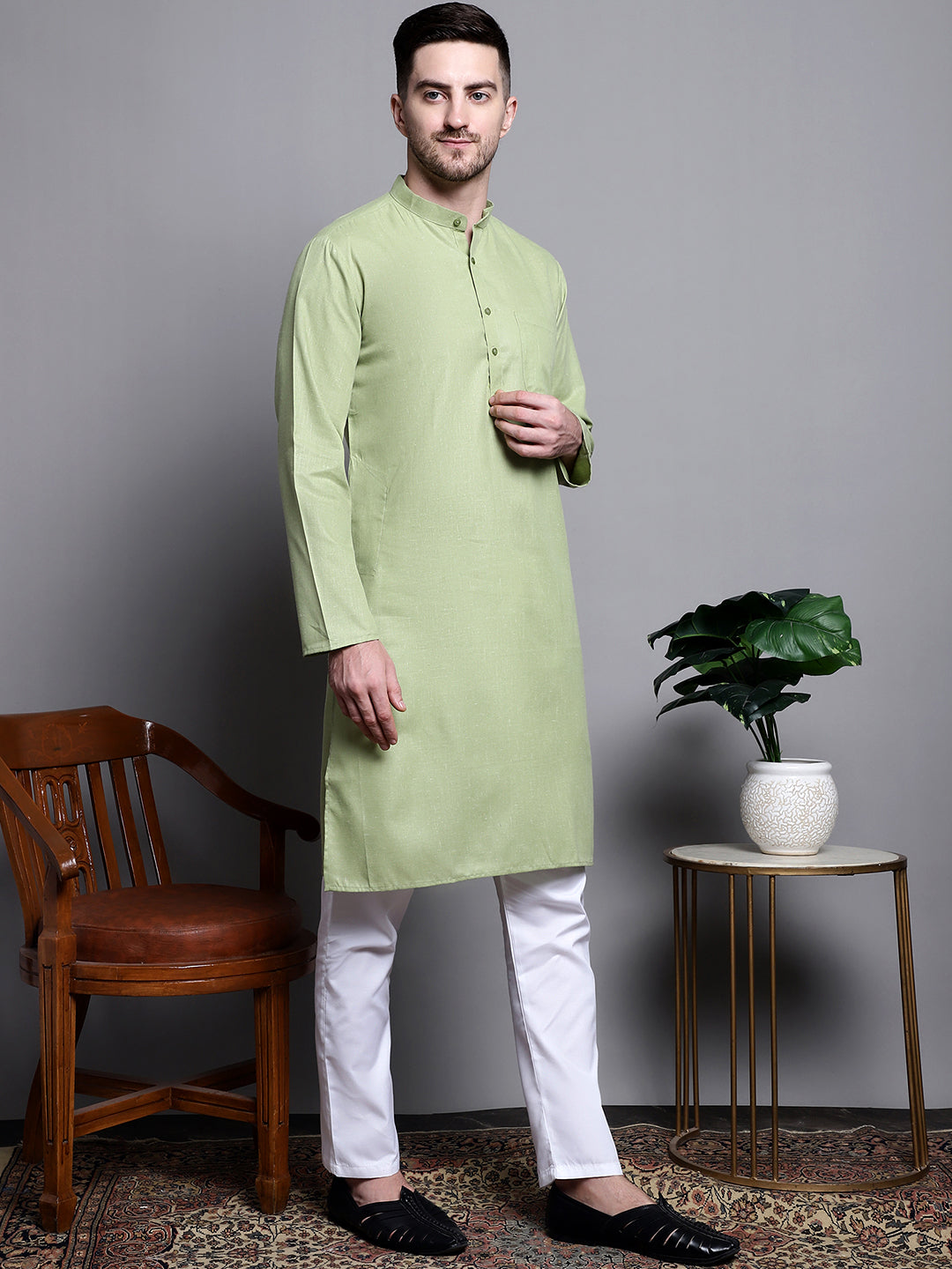 Jompers Men's Pure Cotton Kurta with Churidar - Pista