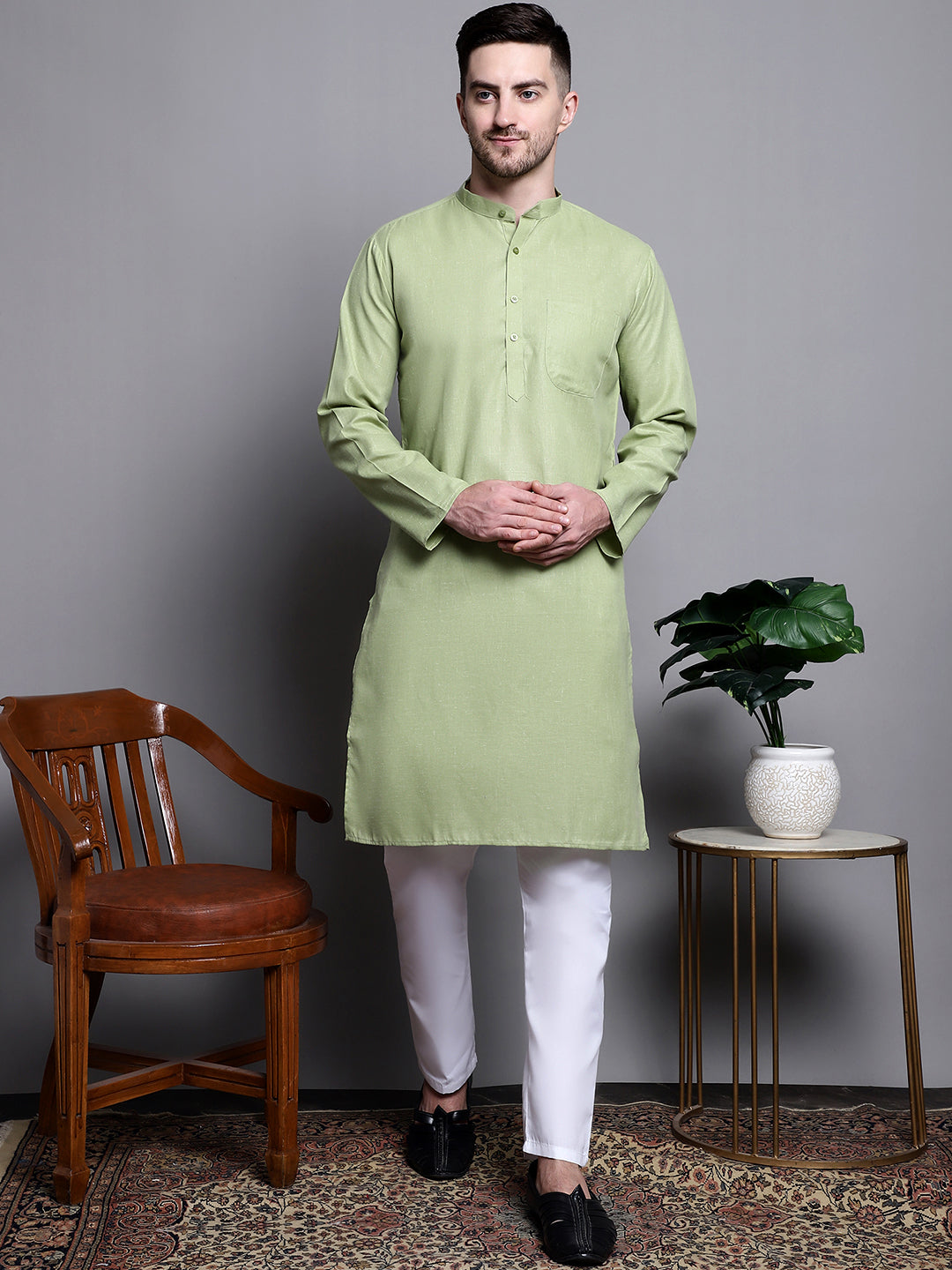 Jompers Men's Pure Cotton Kurta with Churidar - Pista