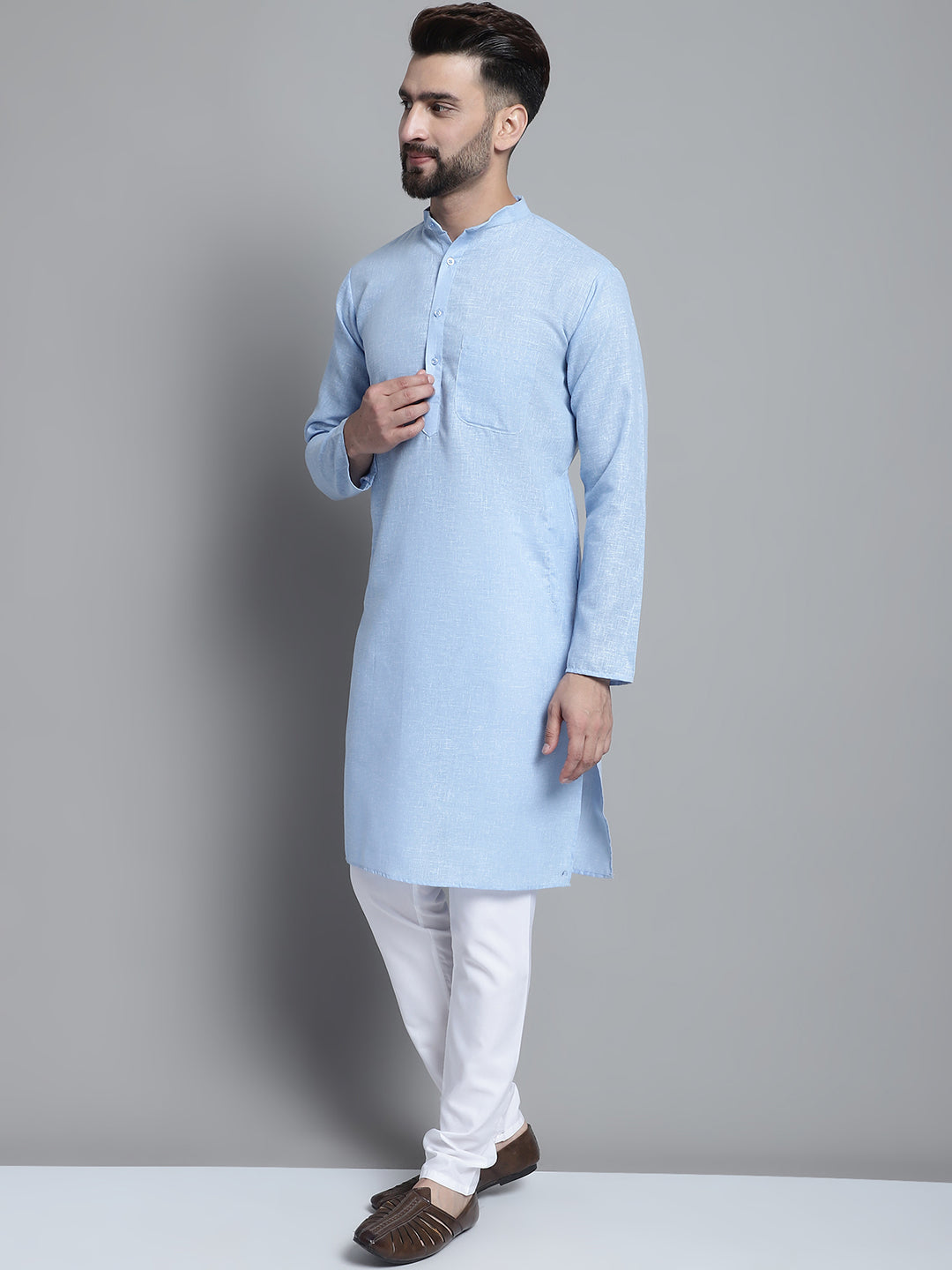 Jompers Men's Solid Pure Cotton Kurta With Pyjamas - Sky Blue