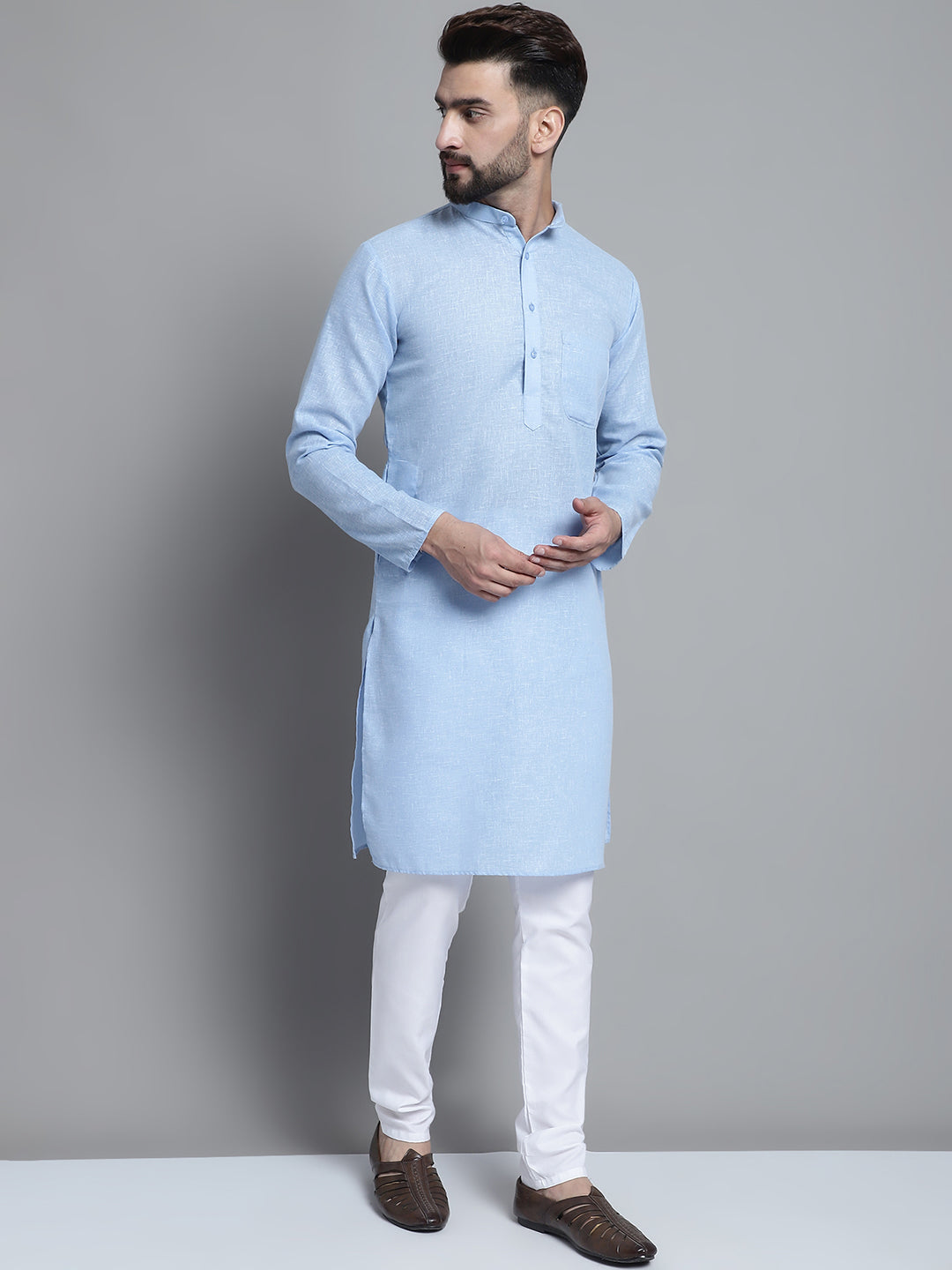 Jompers Men's Solid Pure Cotton Kurta With Pyjamas - Sky Blue