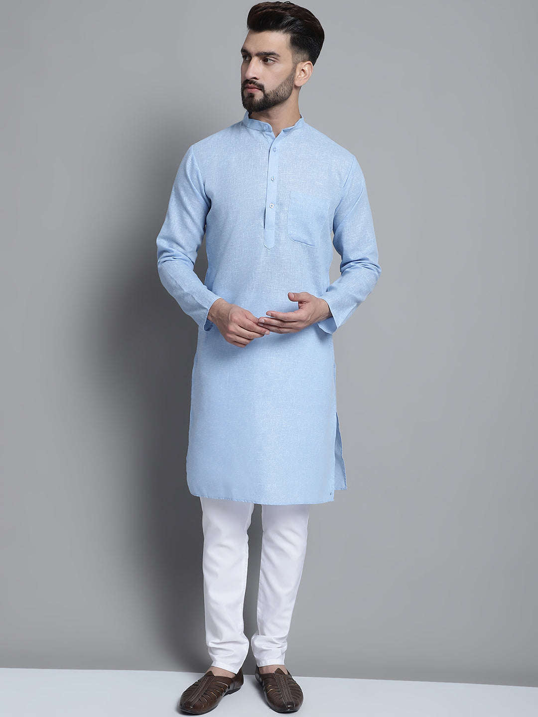Jompers Men's Solid Pure Cotton Kurta With Pyjamas - Sky Blue