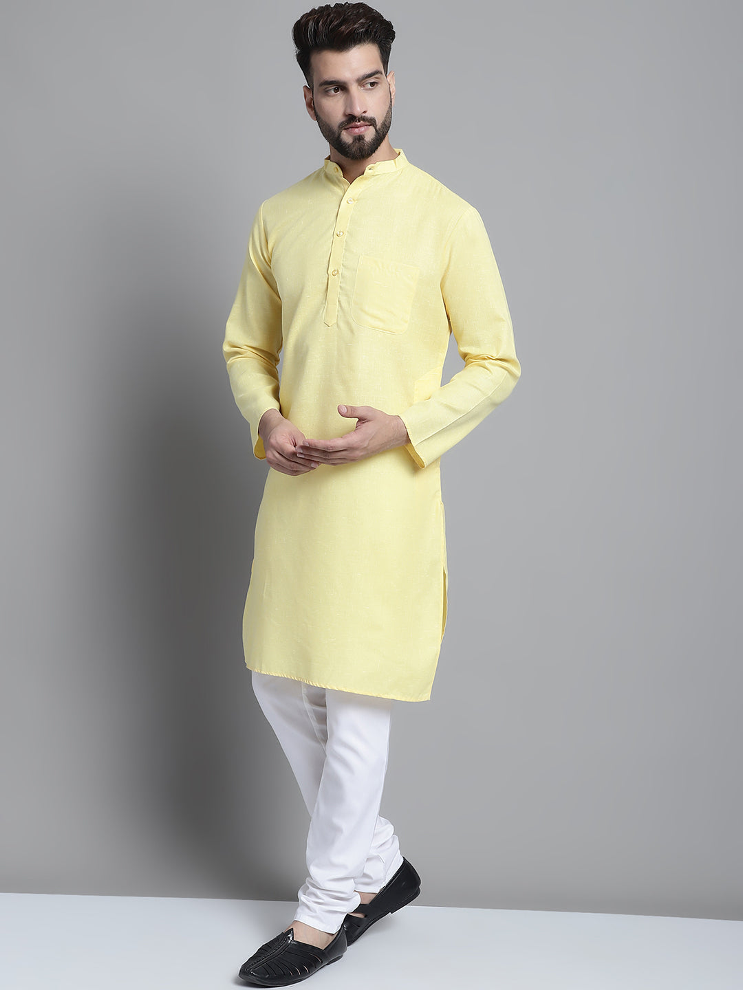 Jompers Men's Solid Pure Cotton Kurta With Pyjamas - Yellow