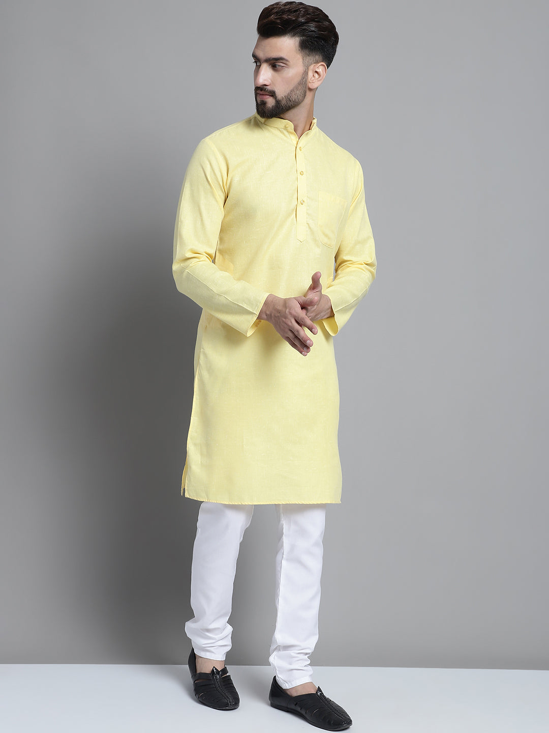 Jompers Men's Solid Pure Cotton Kurta With Pyjamas - Yellow