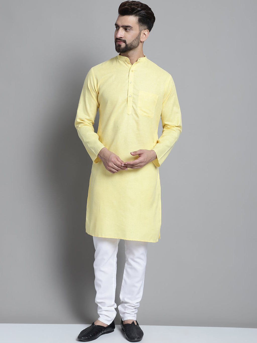 Jompers Men's Solid Pure Cotton Kurta With Pyjamas - Yellow