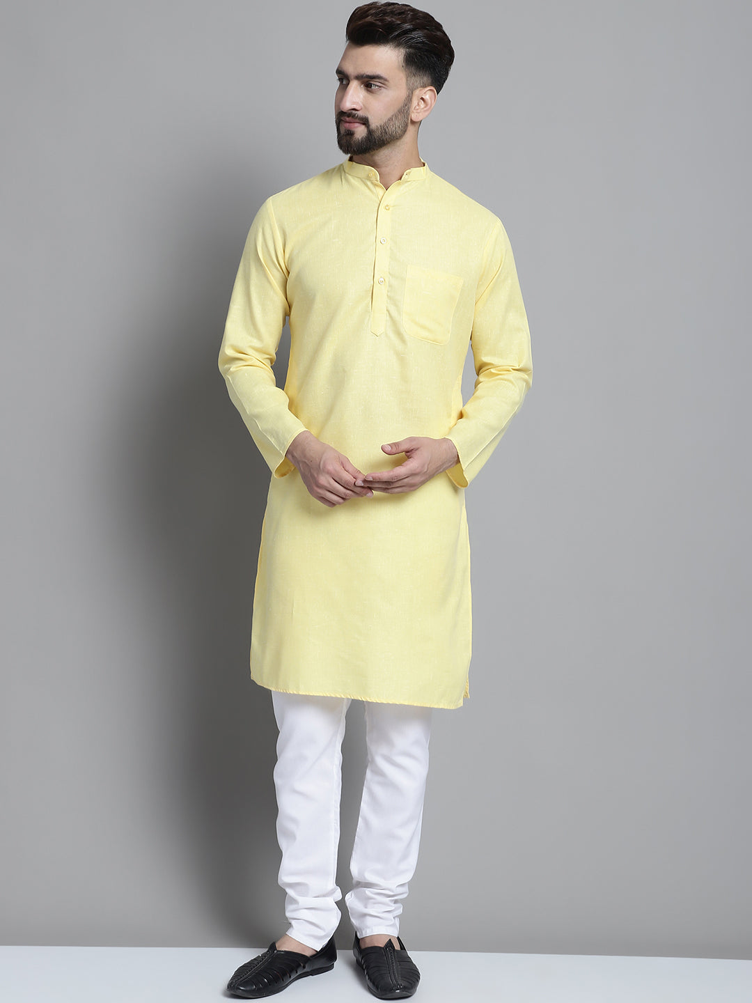 Jompers Men's Solid Pure Cotton Kurta With Pyjamas - Yellow