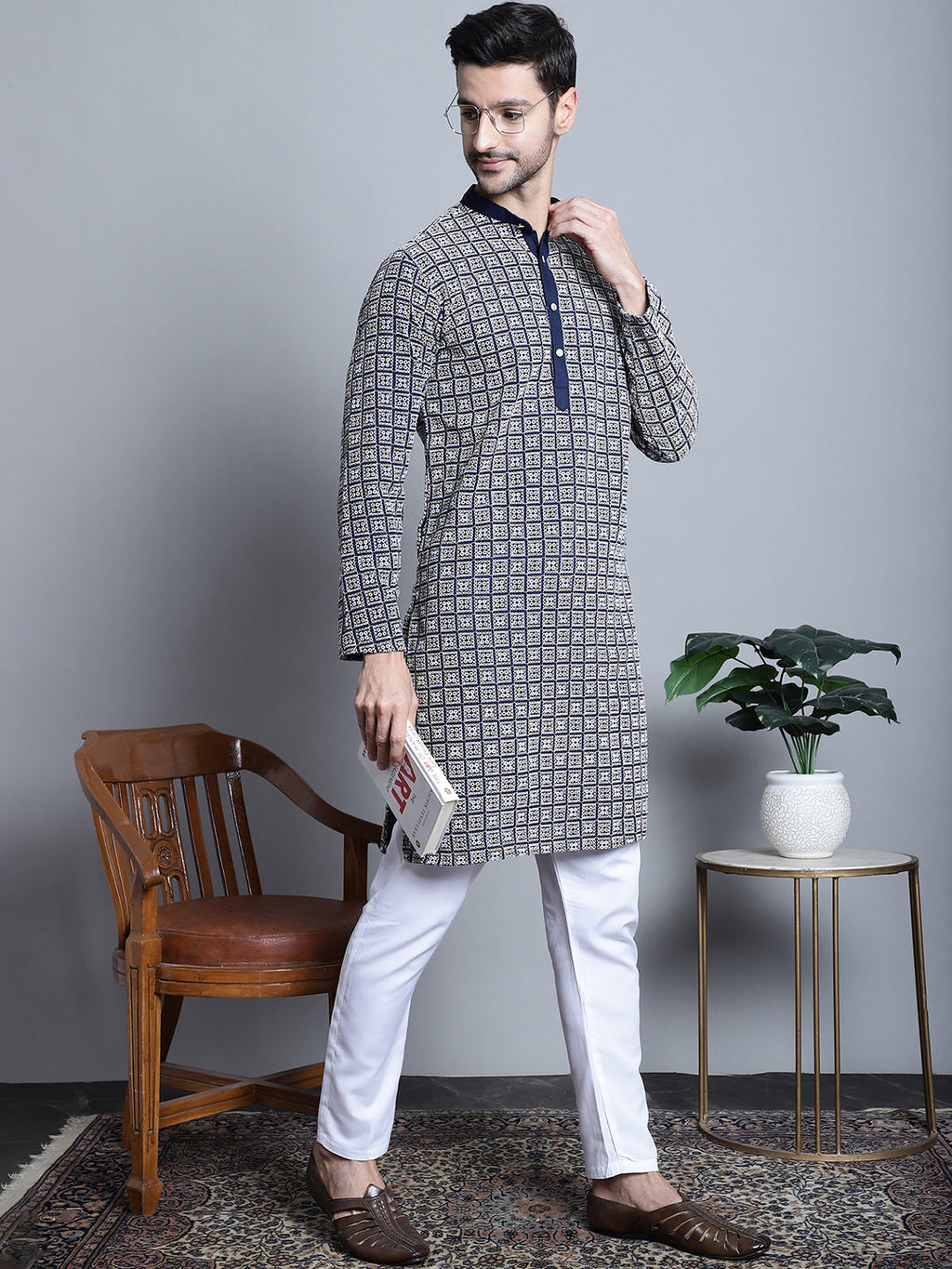 Jompers Men's Navy Blue Embroidered Kurta with Pyjama