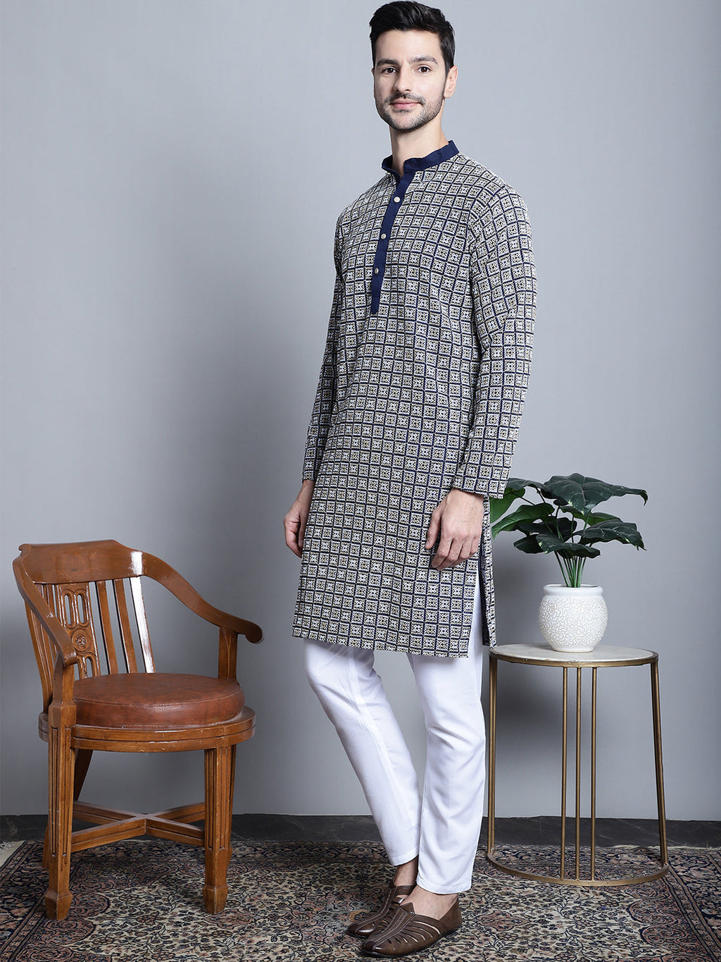 Jompers Men's Navy Blue Embroidered Kurta with Pyjama