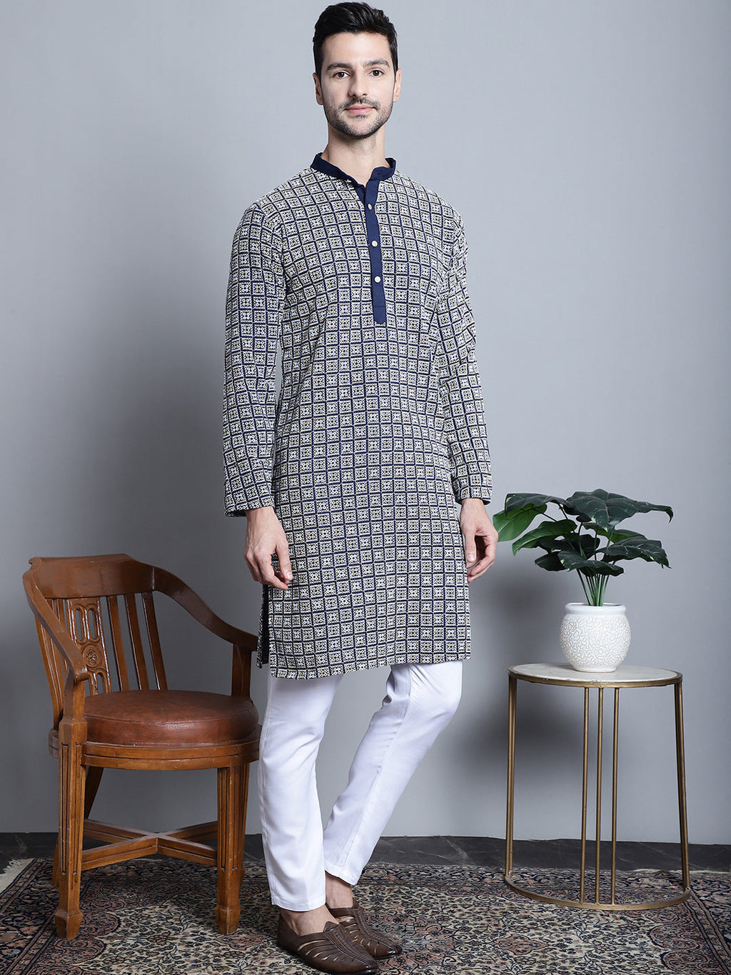 Jompers Men's Navy Blue Embroidered Kurta with Pyjama