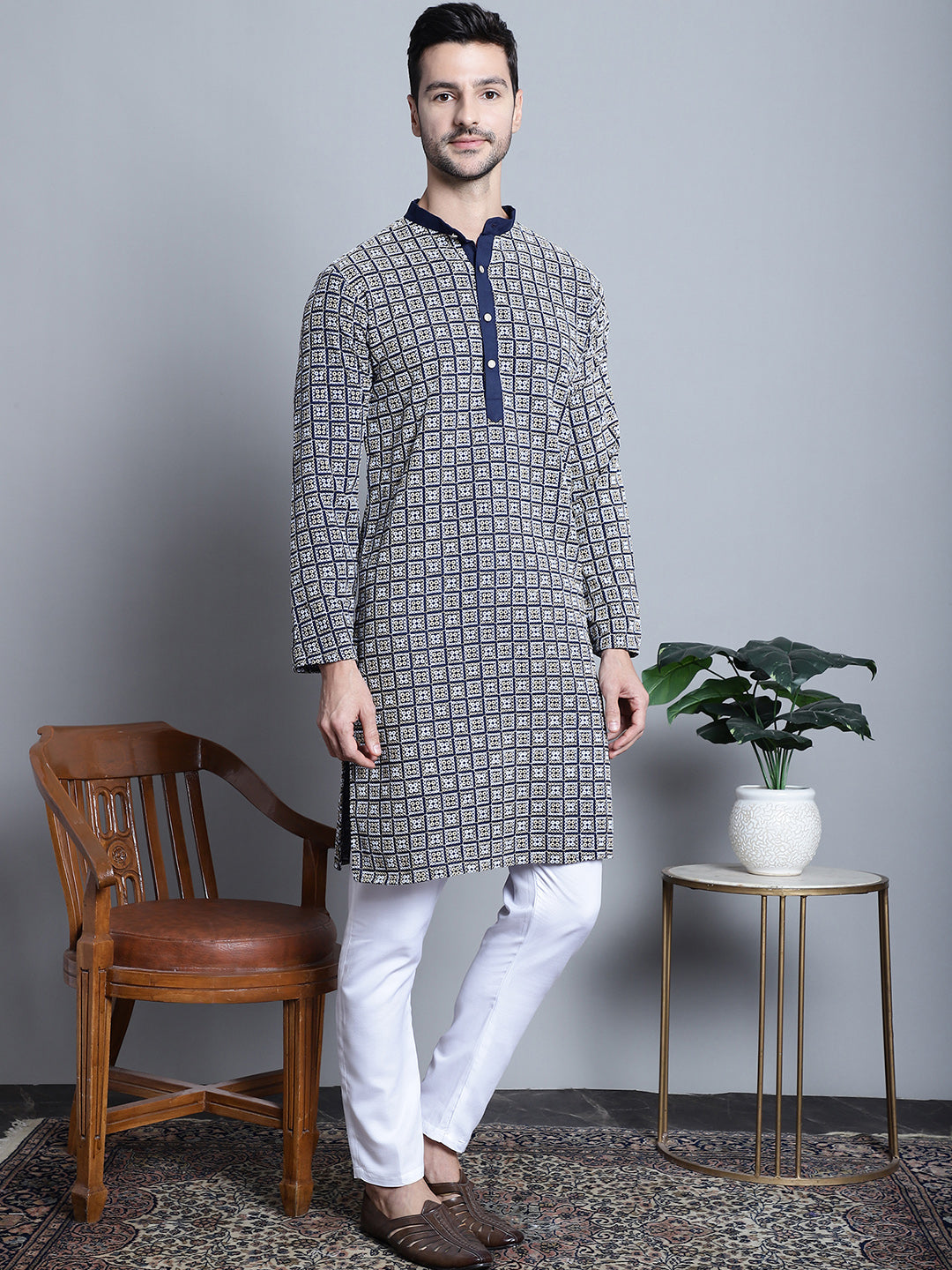 Jompers Men's Navy Blue Embroidered Kurta with Pyjama