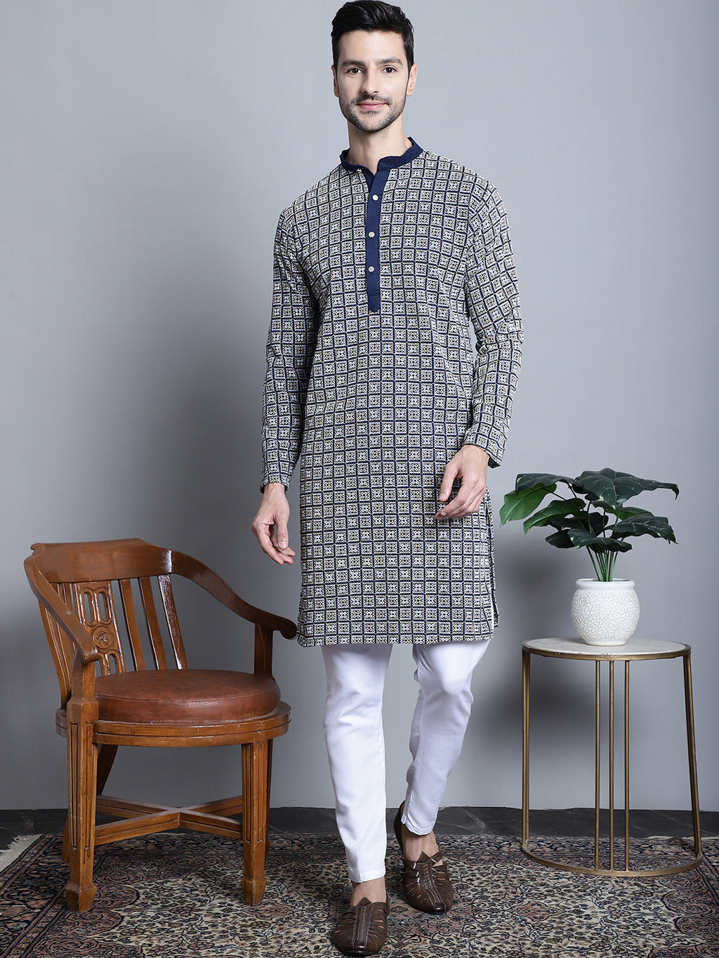 Jompers Men's Navy Blue Embroidered Kurta with Pyjama