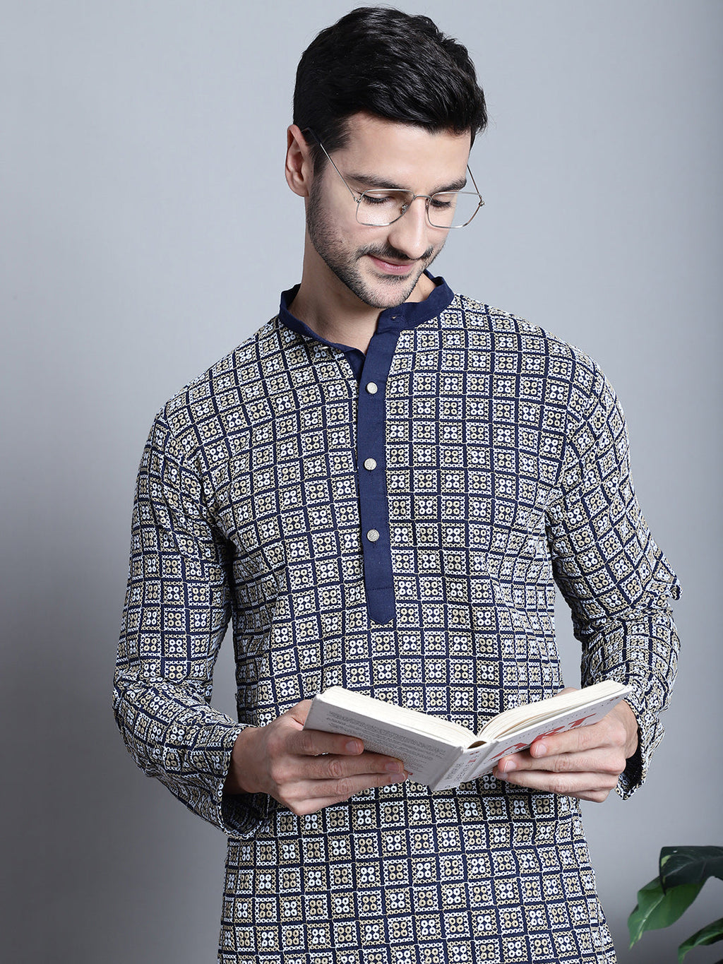 Jompers Men's Navy Blue Embroidered Kurta with Pyjama
