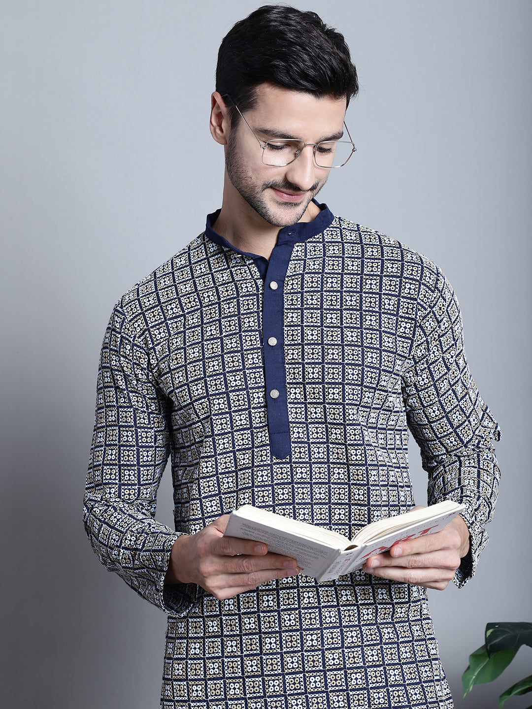 Jompers Men's Navy Blue Embroidered Kurta with Pyjama