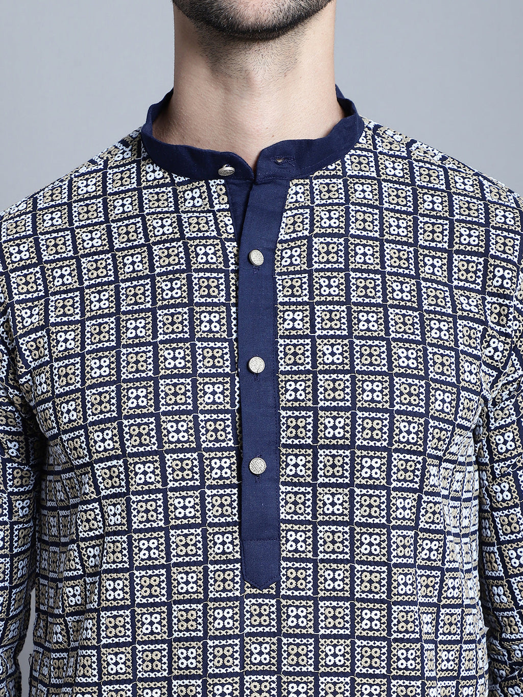 Jompers Men's Navy Blue Embroidered Kurta with Pyjama