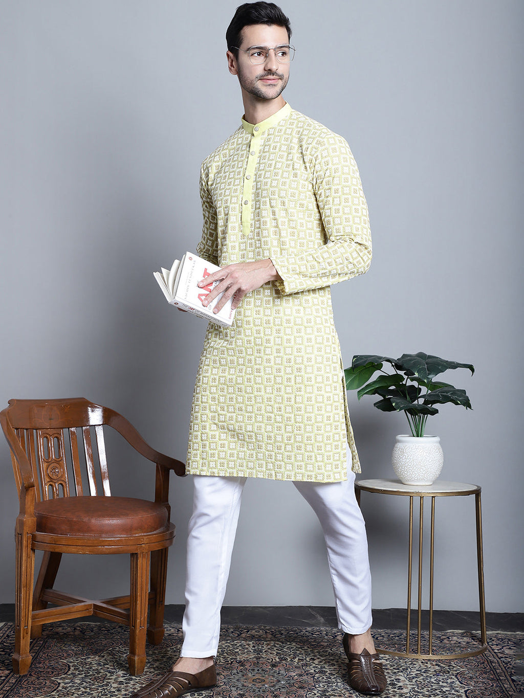 Jompers Men's Yellow Embroidered Kurta with Pyjama