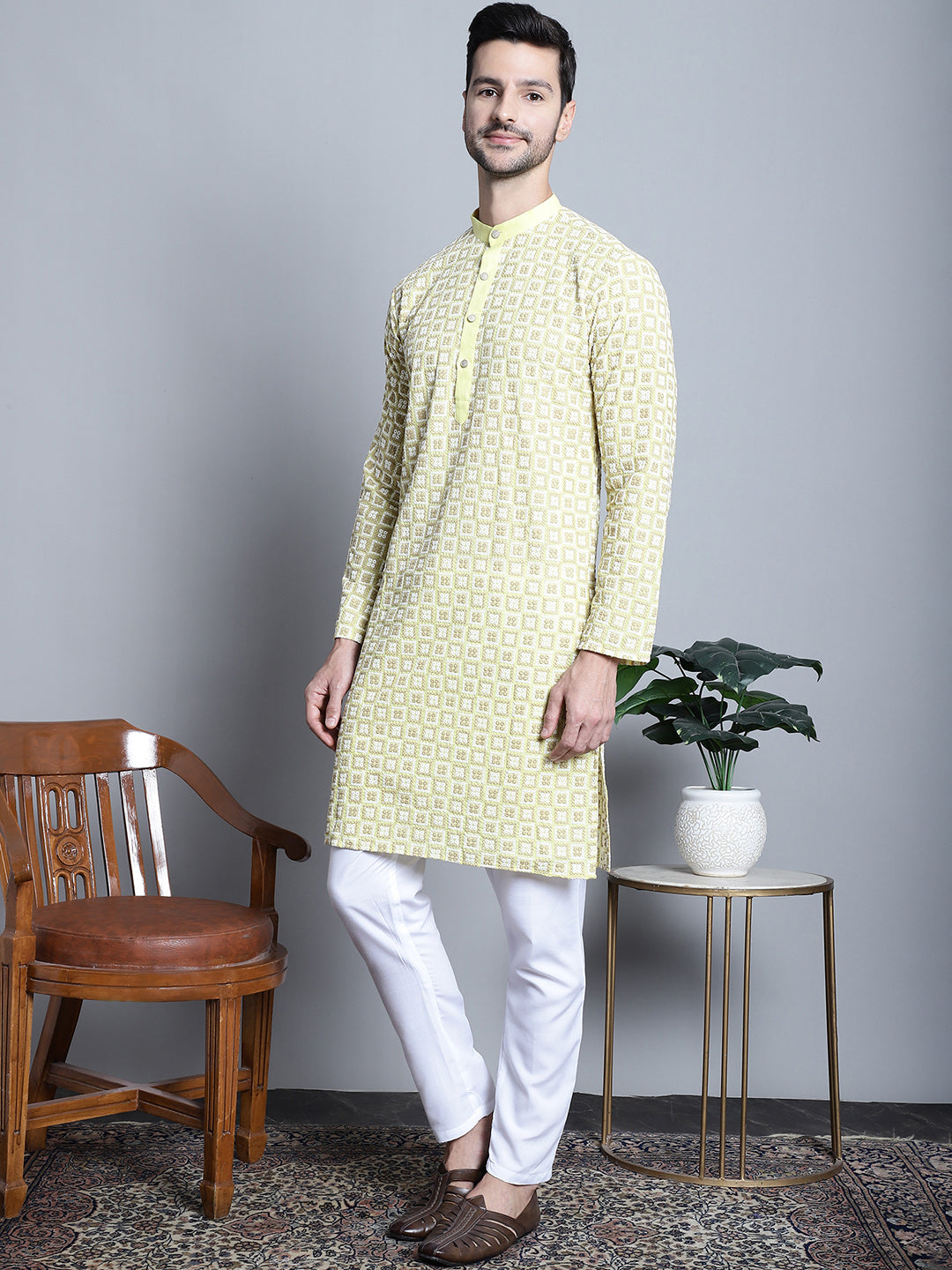 Jompers Men's Yellow Embroidered Kurta with Pyjama