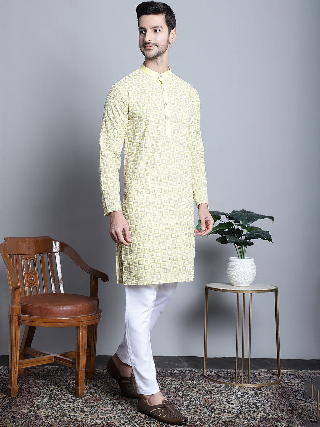 Jompers Men's Yellow Embroidered Kurta with Pyjama