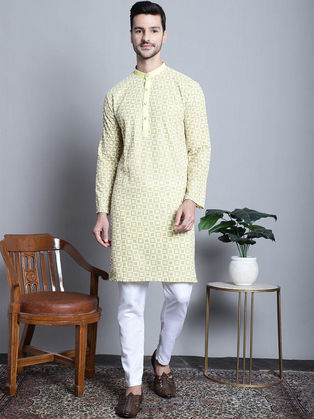 Jompers Men's Yellow Embroidered Kurta with Pyjama