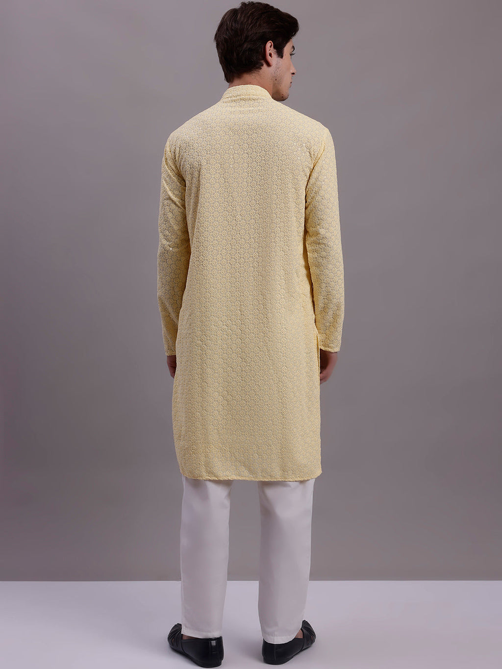 Jompers Men's Yellow Chikankari Embroidered and Sequence Kurta with Pyjama