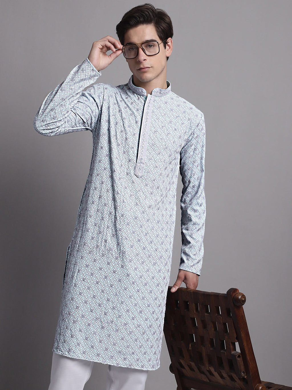 Jompers Men's Blue Chikankari Embroidered and Sequence Kurta with Pyjama