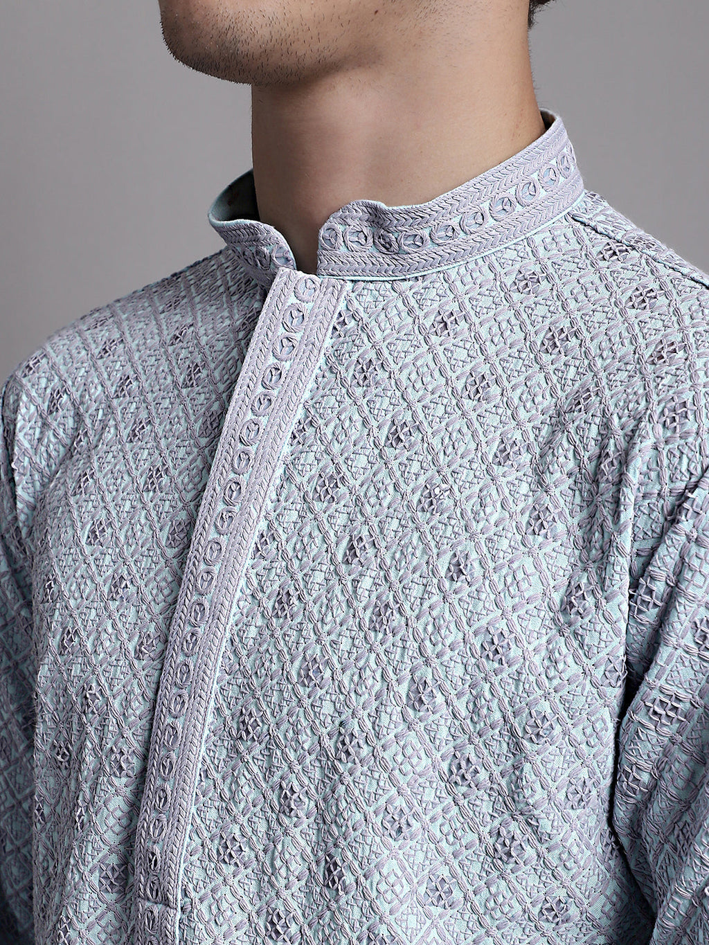 Jompers Men's Blue Chikankari Embroidered and Sequence Kurta with Pyjama