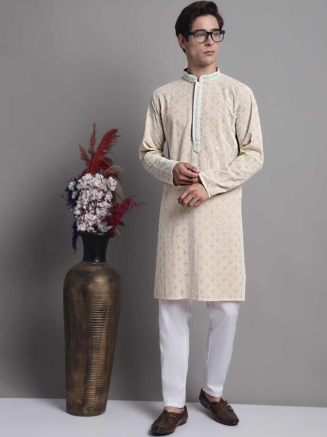 Jompers Men's Peach Chikankari Embroidered and Sequence Kurta with Pyjama