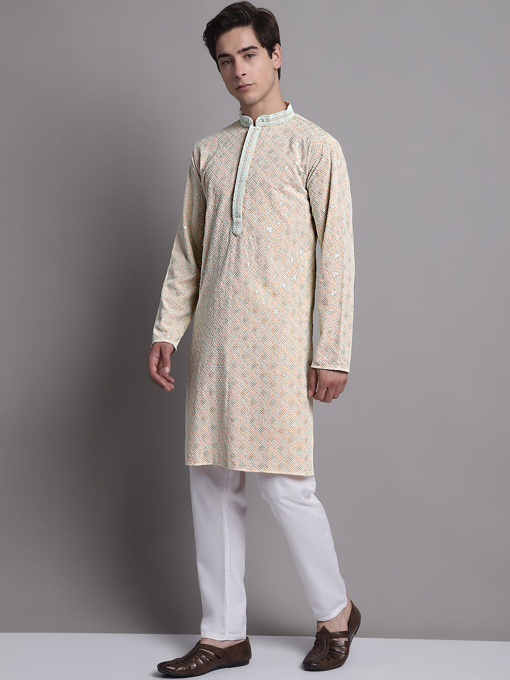 Jompers Men's Peach Chikankari Embroidered and Sequence Kurta with Pyjama