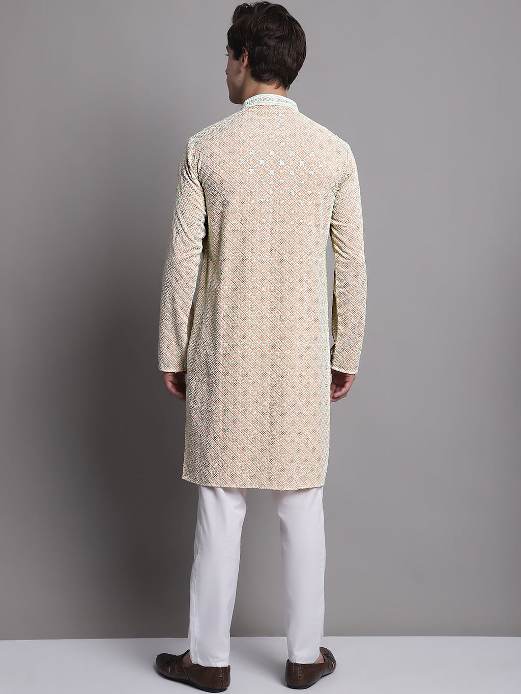 Jompers Men's Peach Chikankari Embroidered and Sequence Kurta with Pyjama