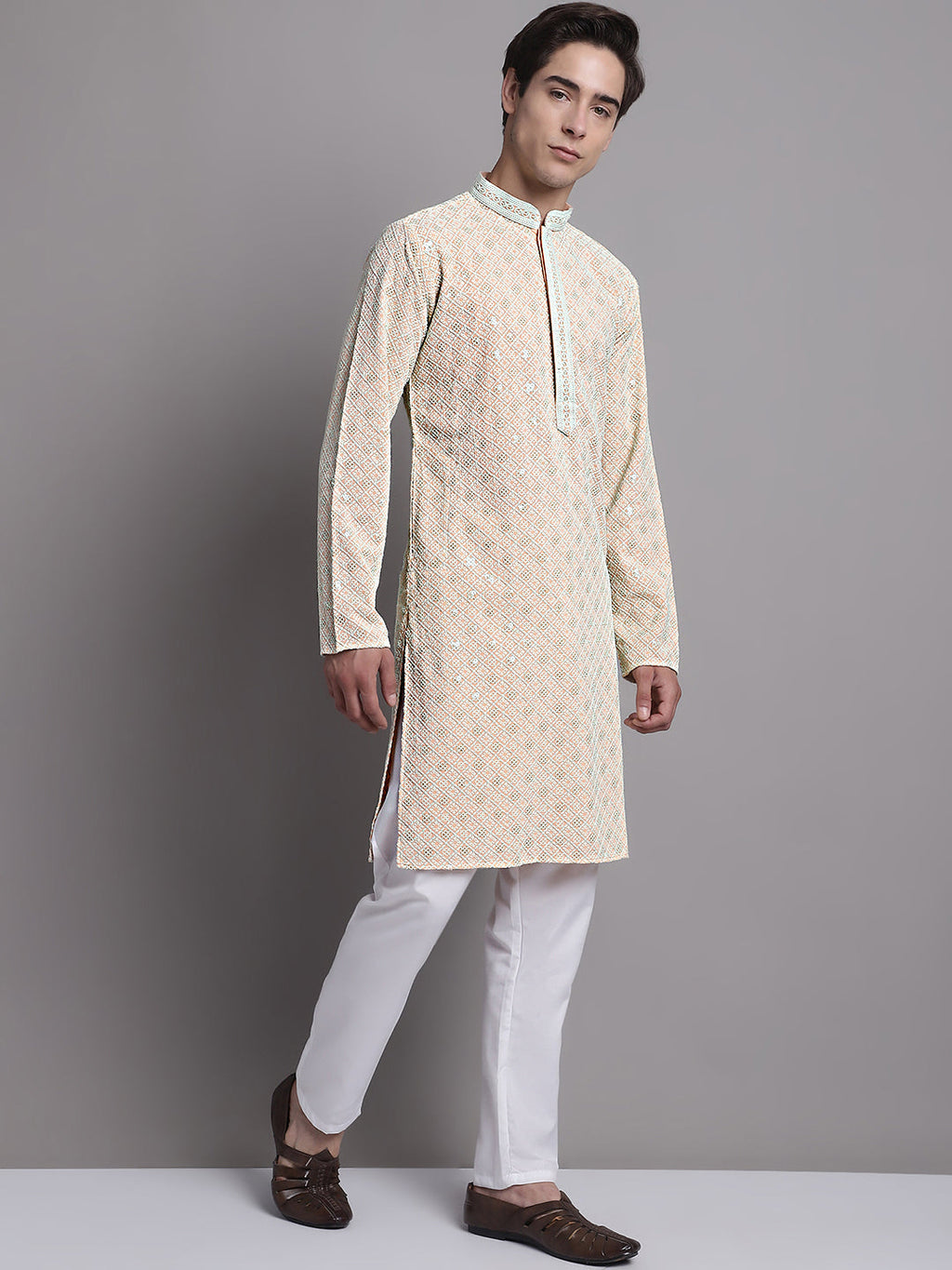 Jompers Men's Peach Chikankari Embroidered and Sequence Kurta with Pyjama
